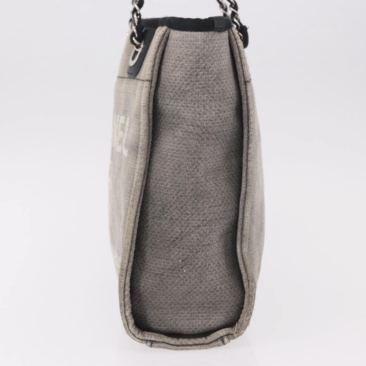 CHANEL Deauville Line Chain Tote Bag Canvas Gray Silver CC Auth bs35696