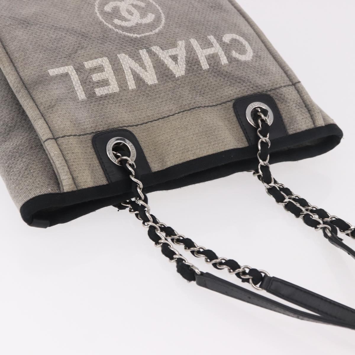 CHANEL Deauville Line Chain Tote Bag Canvas Gray Silver CC Auth bs35696