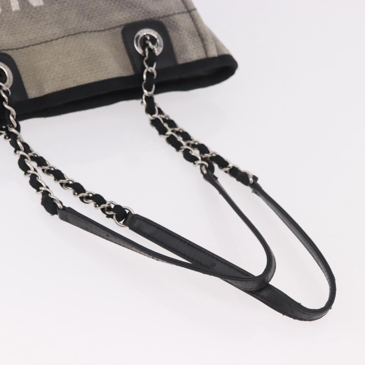 CHANEL Deauville Line Chain Tote Bag Canvas Gray Silver CC Auth bs35696