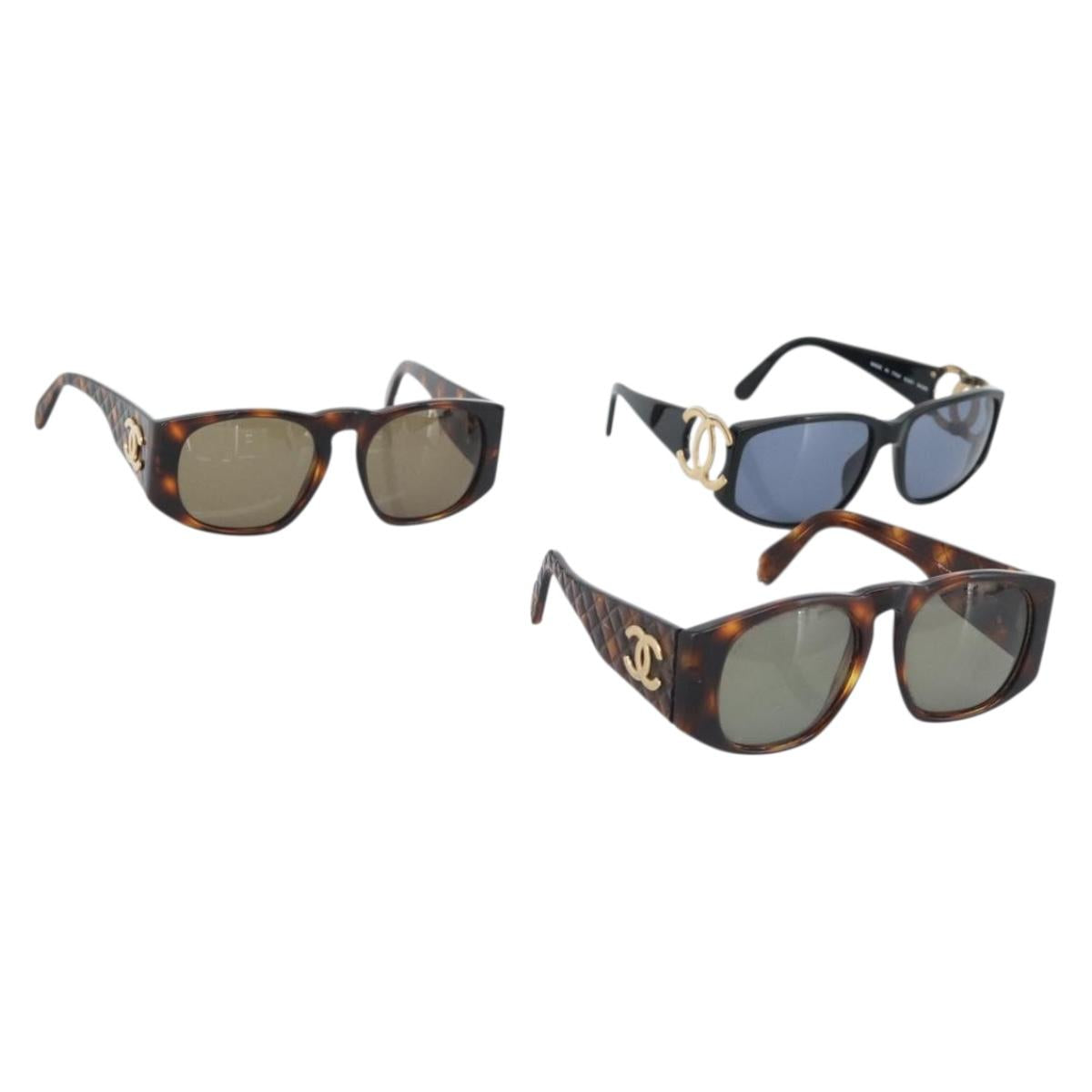 CHANEL Sunglasses plastic 3 Set Black Brown CC Auth bs35709