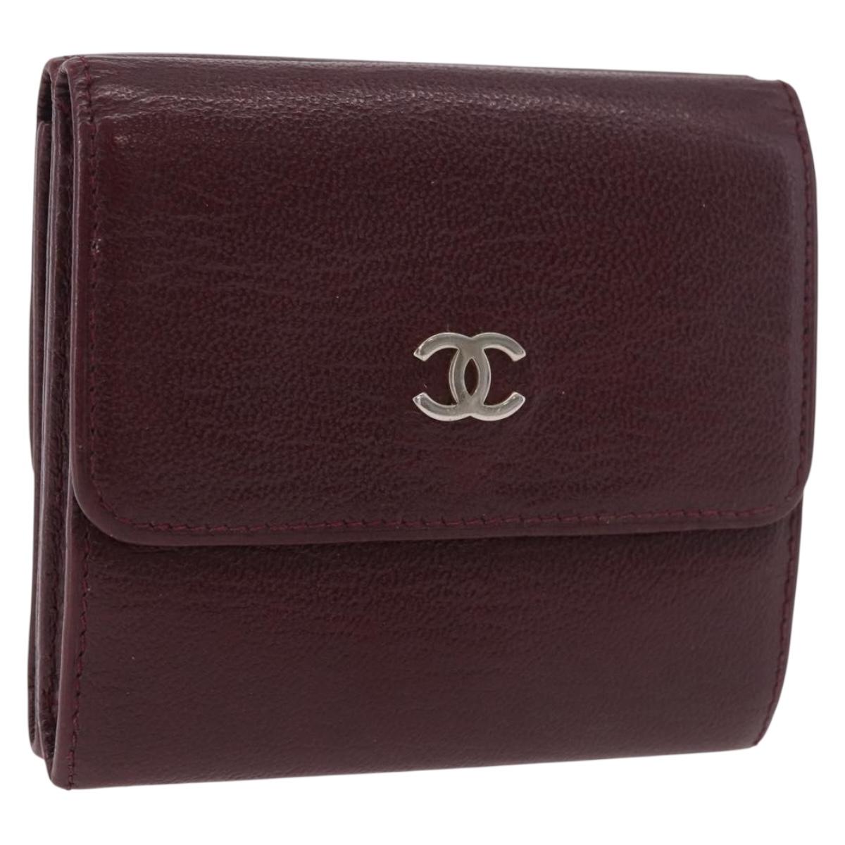 CHANEL Trifold Wallet Leather Bordeaux Gold CC Auth bs35714