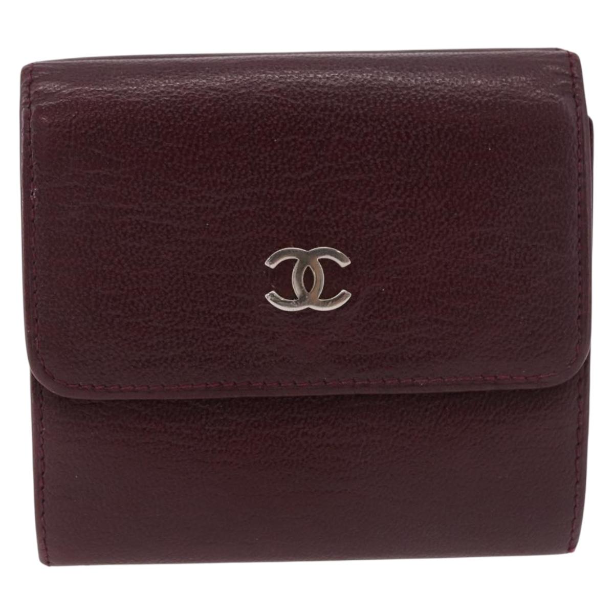 CHANEL Trifold Wallet Leather Bordeaux Gold CC Auth bs35714