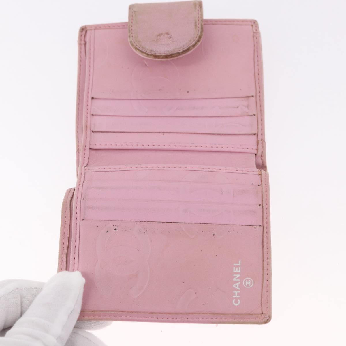 CHANEL Cambon Line Bifold Wallet Leather Pink Silver CC Auth bs35716