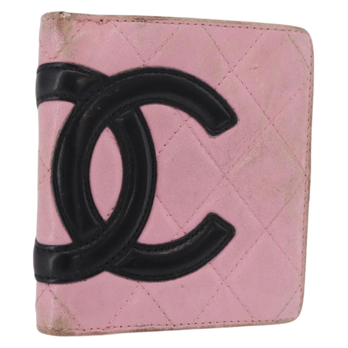 CHANEL Cambon Line Bifold Wallet Leather Pink Silver CC Auth bs35716