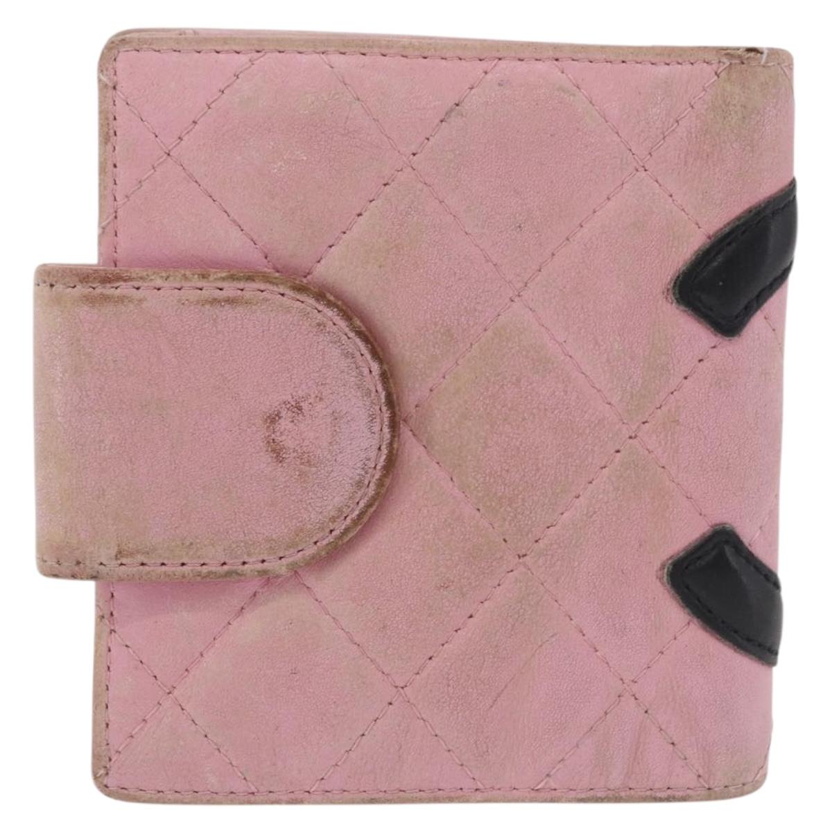 CHANEL Cambon Line Bifold Wallet Leather Pink Silver CC Auth bs35716