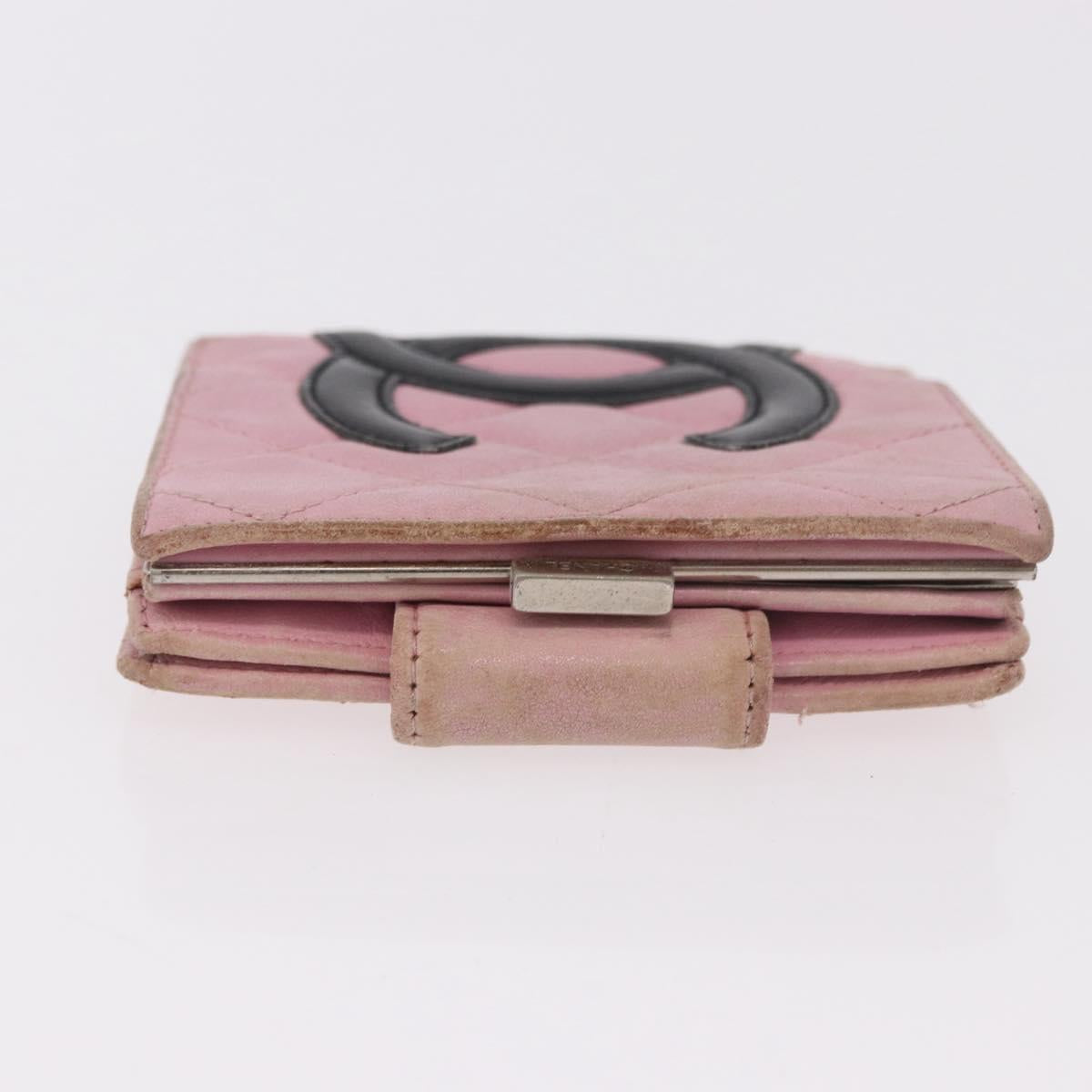 CHANEL Cambon Line Bifold Wallet Leather Pink Silver CC Auth bs35716