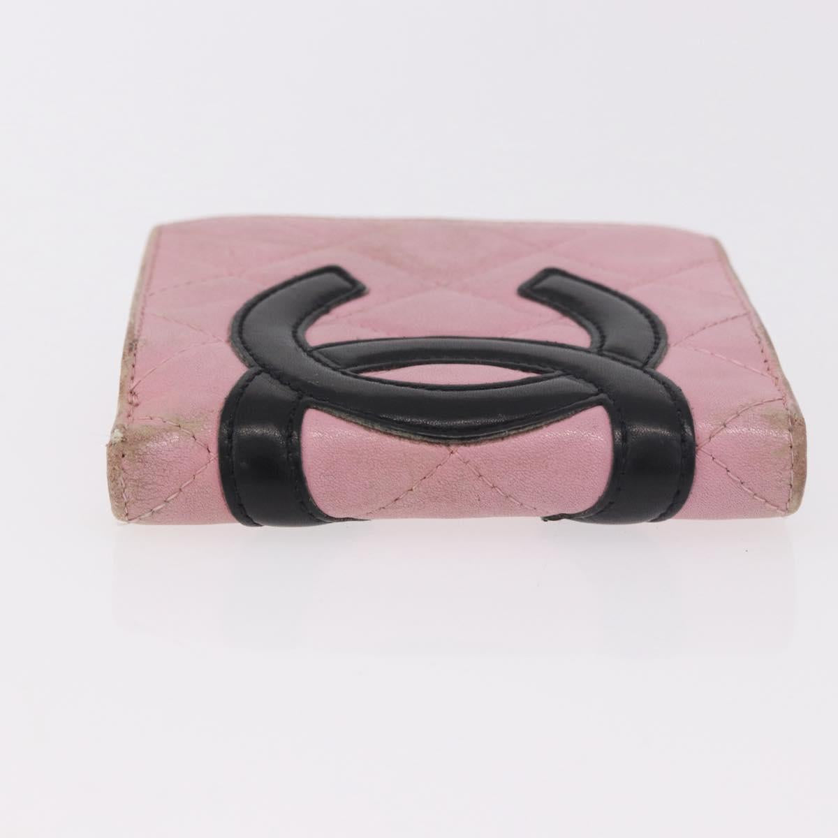 CHANEL Cambon Line Bifold Wallet Leather Pink Silver CC Auth bs35716