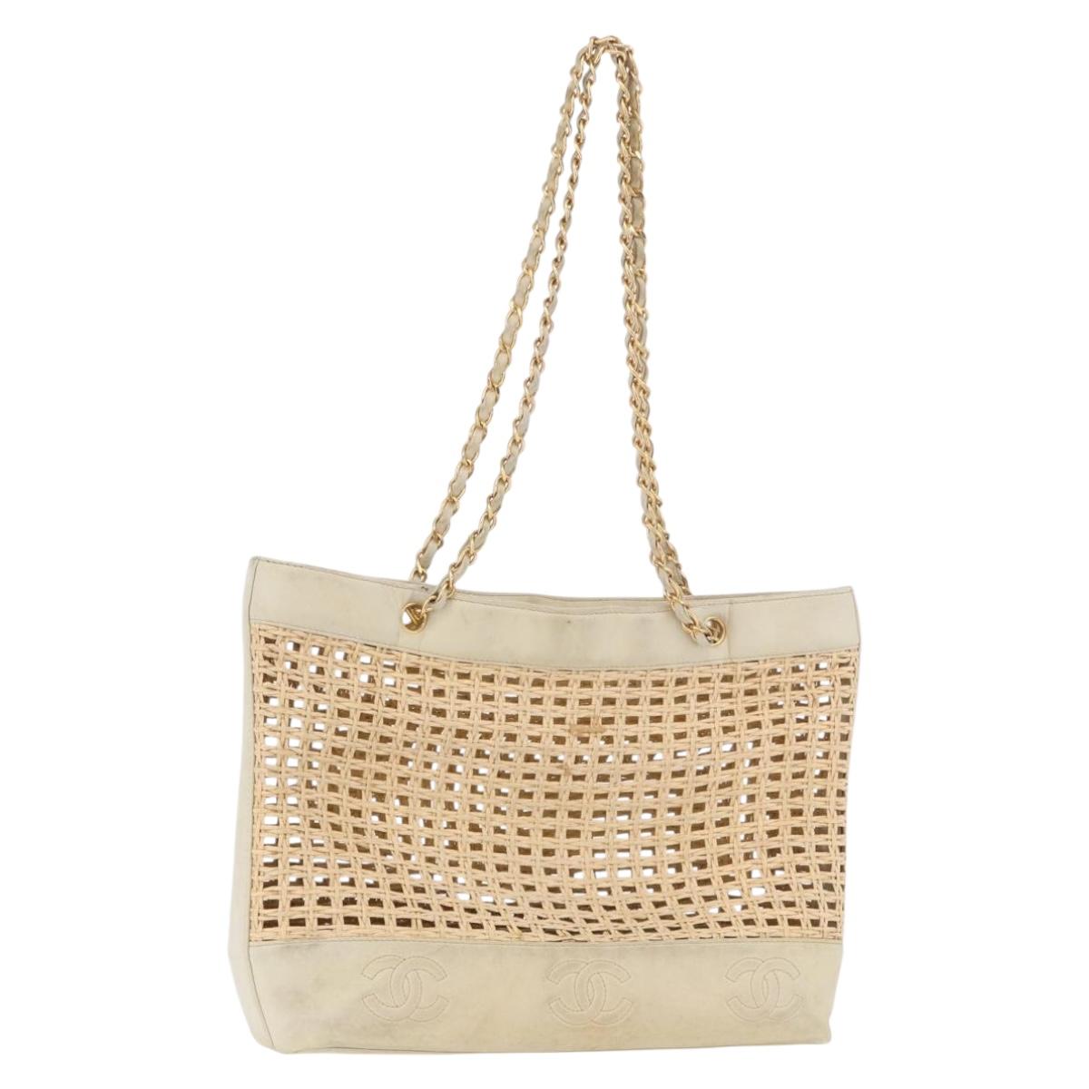 CHANEL Triple Coco Chain Tote Bag Raffia Beige Gold CC Auth bs35742A