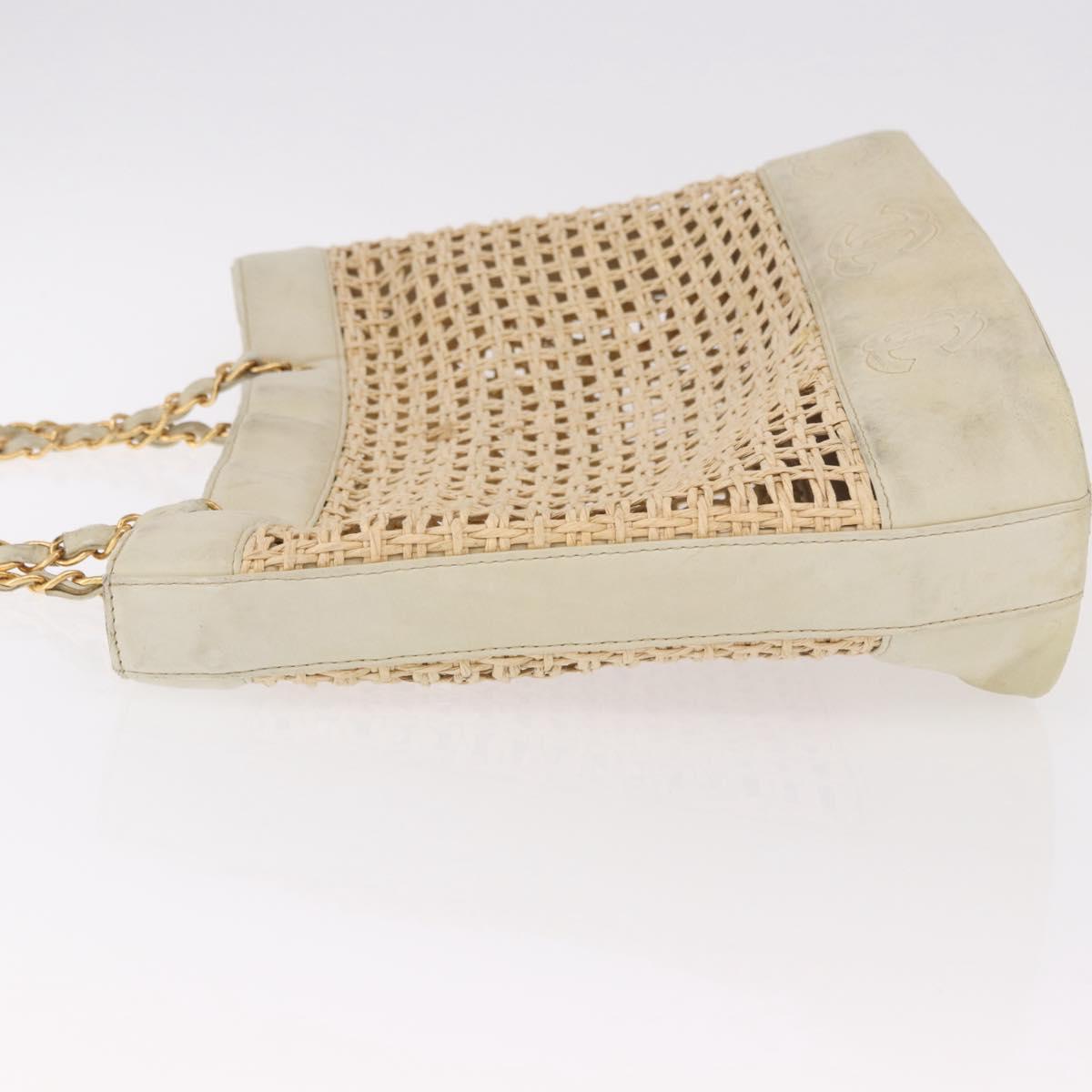 CHANEL Triple Coco Chain Tote Bag Raffia Beige Gold CC Auth bs35742A
