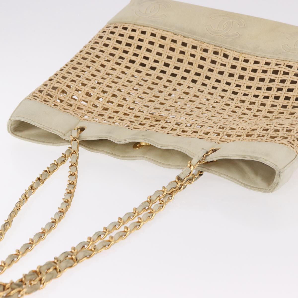 CHANEL Triple Coco Chain Tote Bag Raffia Beige Gold CC Auth bs35742A