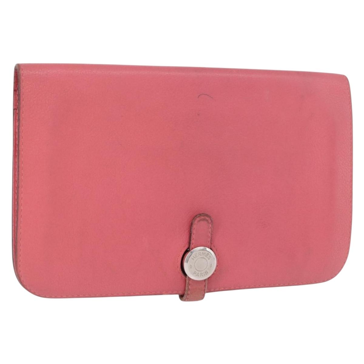 HERMES Dogon GM Long Wallet Leather Pink Silver Auth bs35743