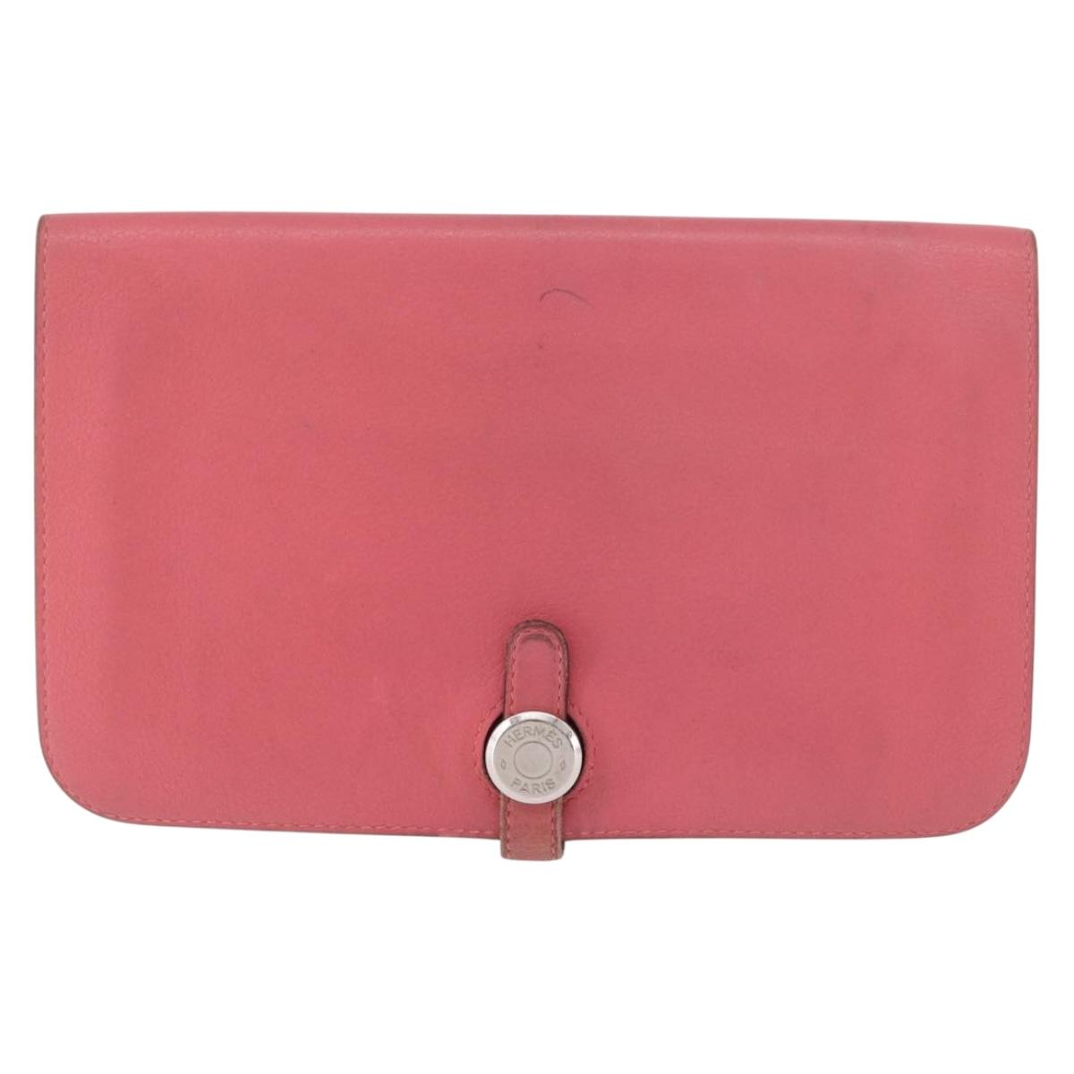 HERMES Dogon GM Long Wallet Leather Pink Silver Auth bs35743