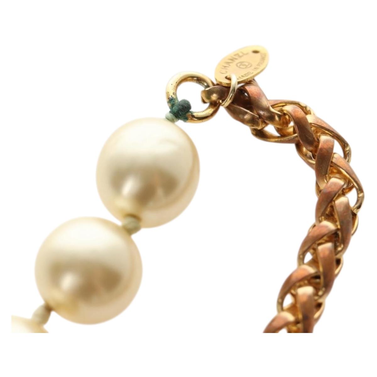 CHANEL Necklace Metal Pearl Gold White CC Auth bs35757V