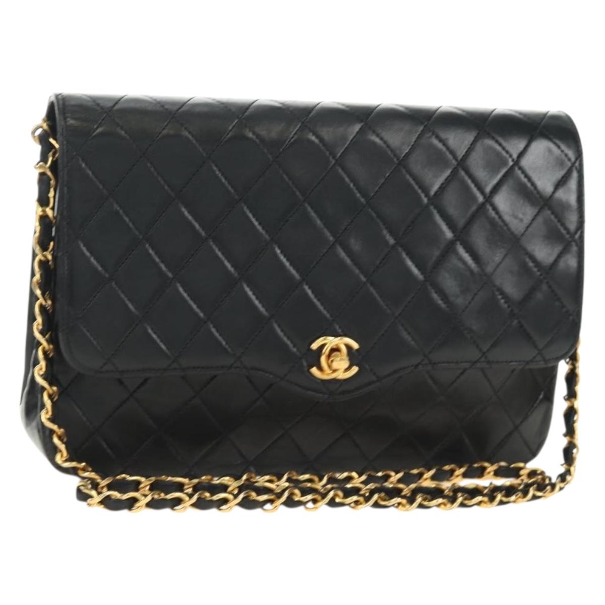 CHANEL Matelasse Chain Shoulder Bag Lamb Skin Black Gold CC Auth bs35758V