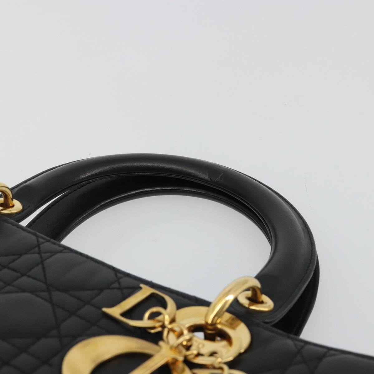 Christian Dior Lady Dior Canage Hand Bag Lamb Skin Black Gold Auth bs35805V