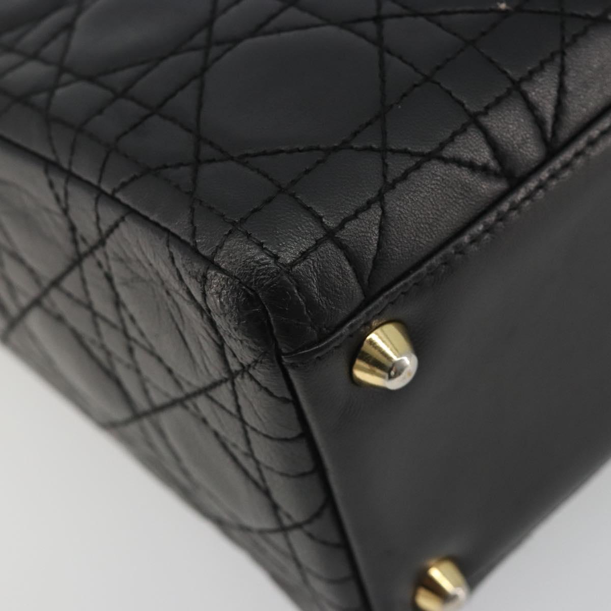 Christian Dior Lady Dior Canage Hand Bag Lamb Skin Black Gold Auth bs35805V