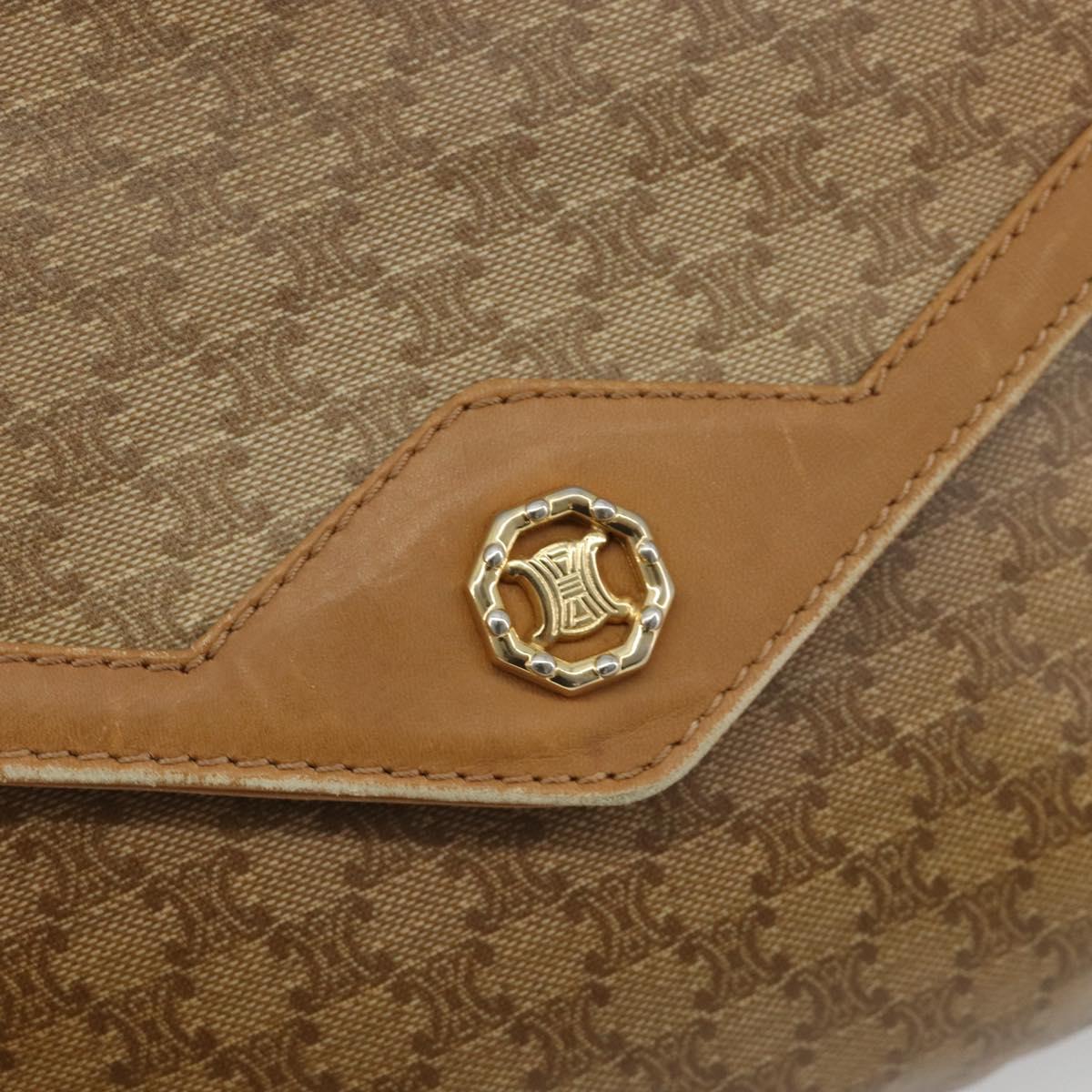CELINE Macadam Shoulder Bag PVC Leather Beige Gold Auth bs35806