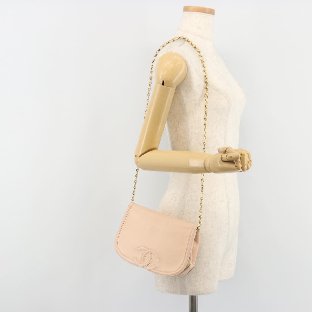 CHANEL Chain Shoulder Bag Leather Beige Gold CC Auth bs35821