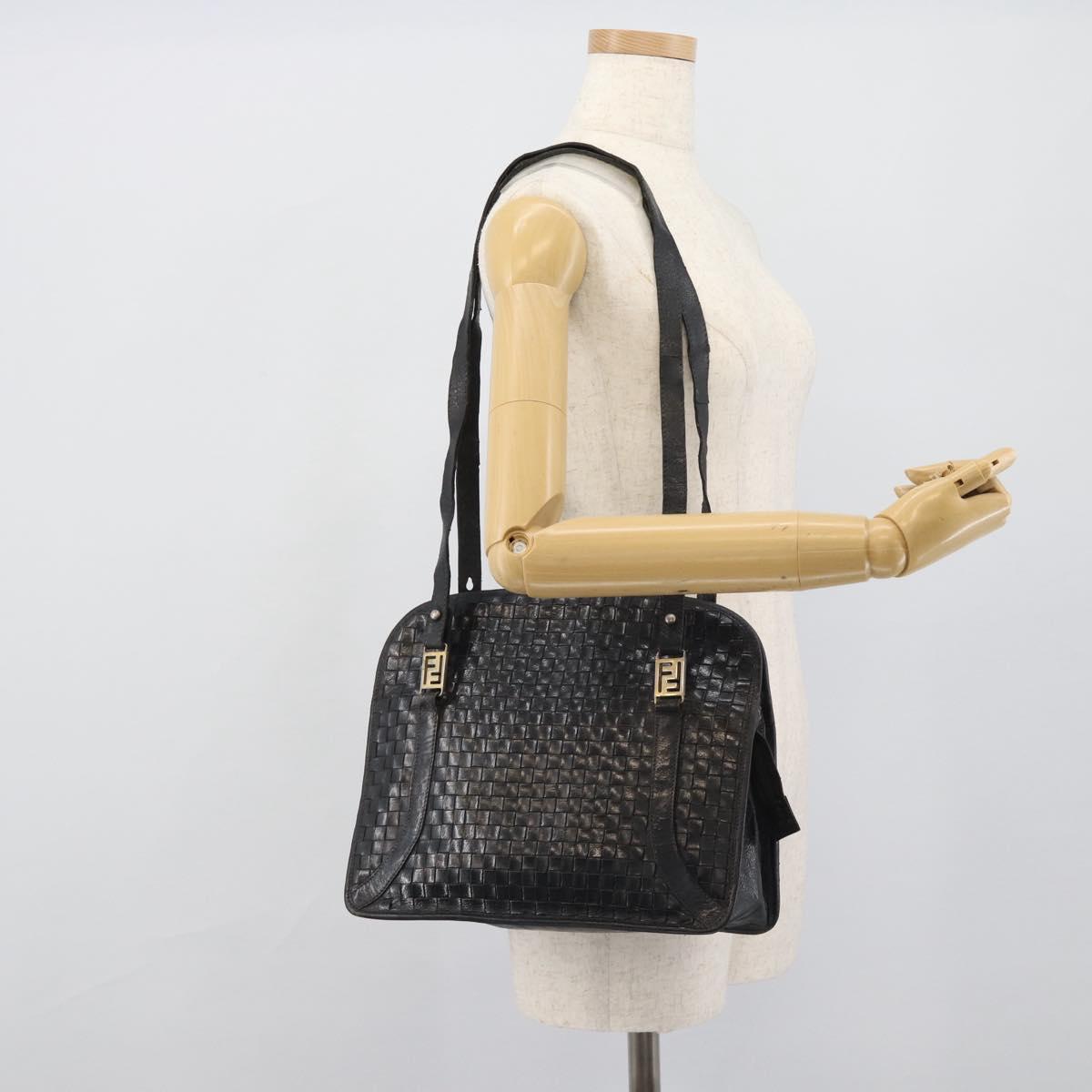 FENDI Shoulder Bag Leather Black Gold Auth bs35826