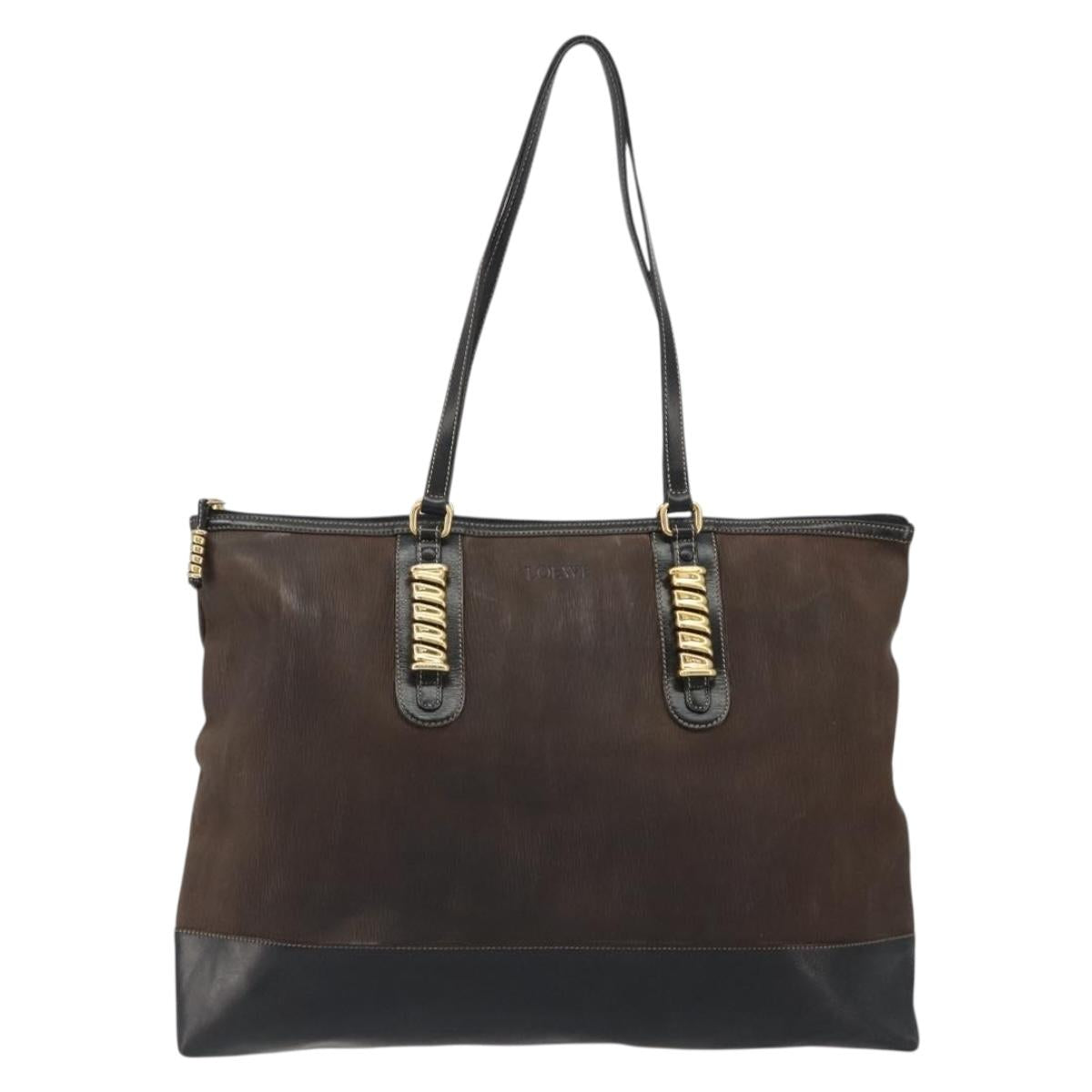 LOEWE Tote Bag Leather Dark Brown Gold Auth bs35829A