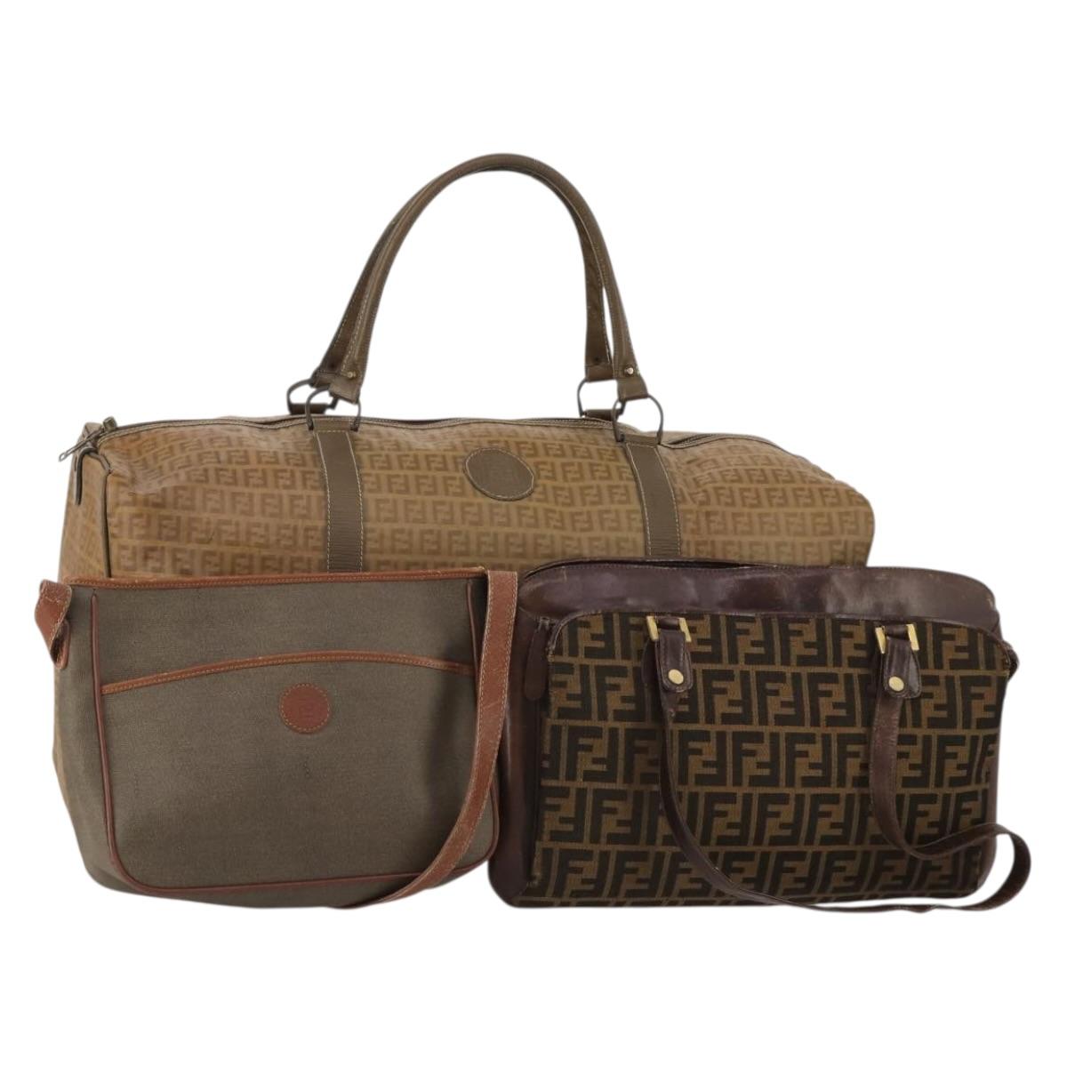 FENDI Zucca Hand Bag Canvas 3 Set Brown Auth bs35855