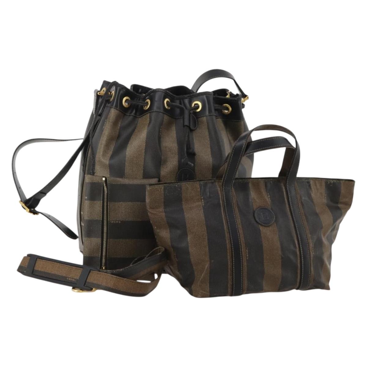 FENDI Pecan Shoulder Bag PVC 2 Set Brown Black Auth bs35857