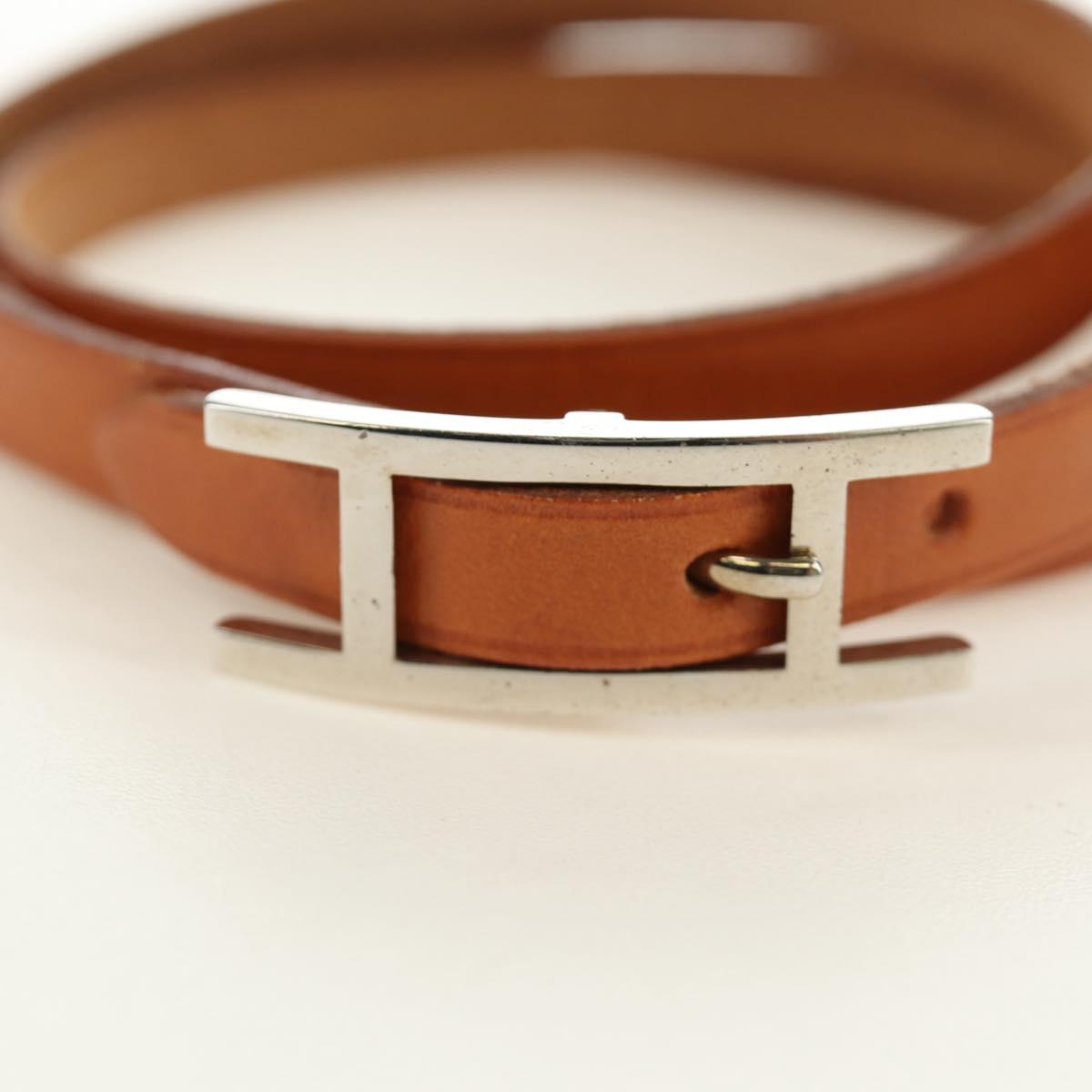 HERMES Appi 3 Bracelet Leather Brown Silver Auth bs35862M