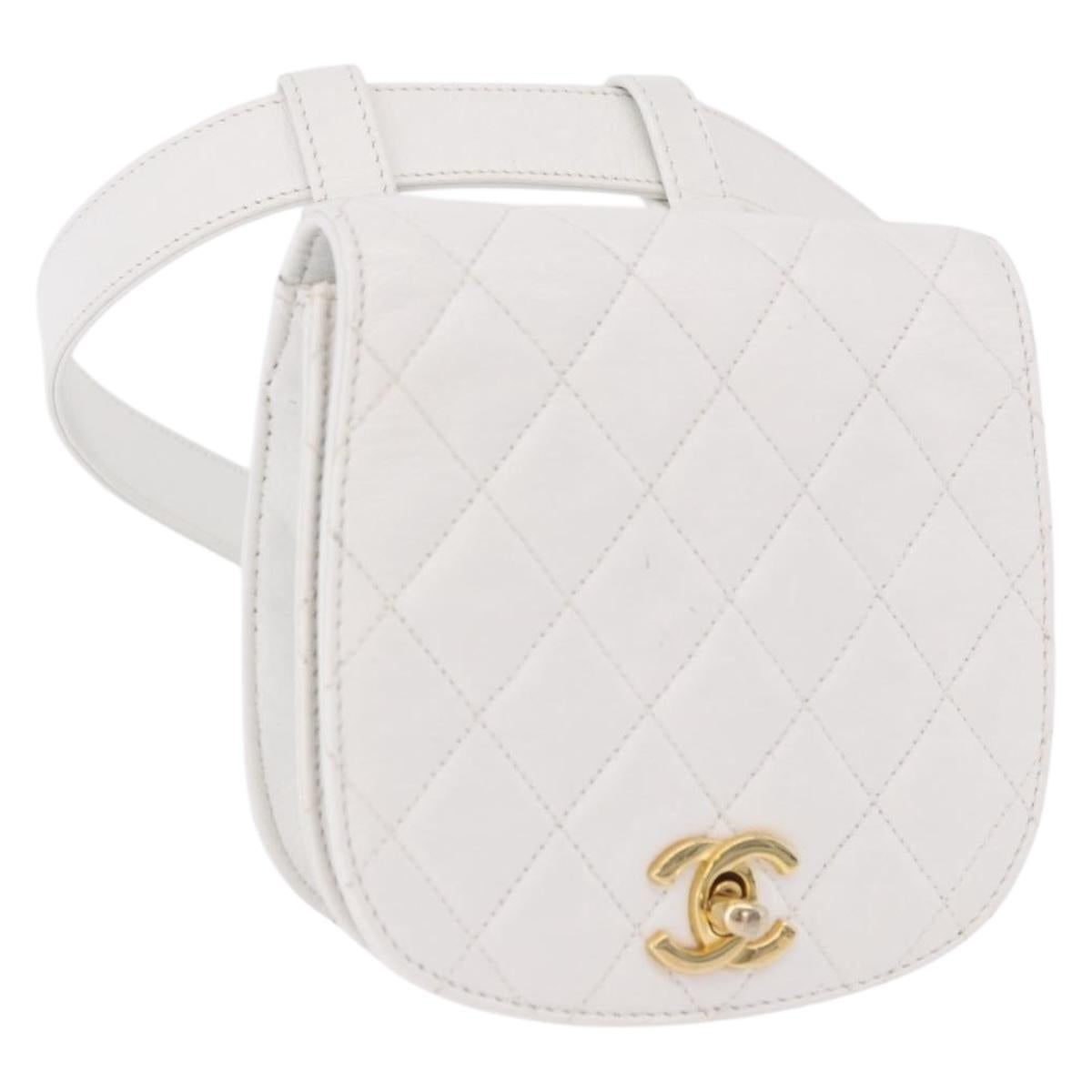 CHANEL Matelasse Waist Bag Lamb Skin White Gold CC Auth bs35868