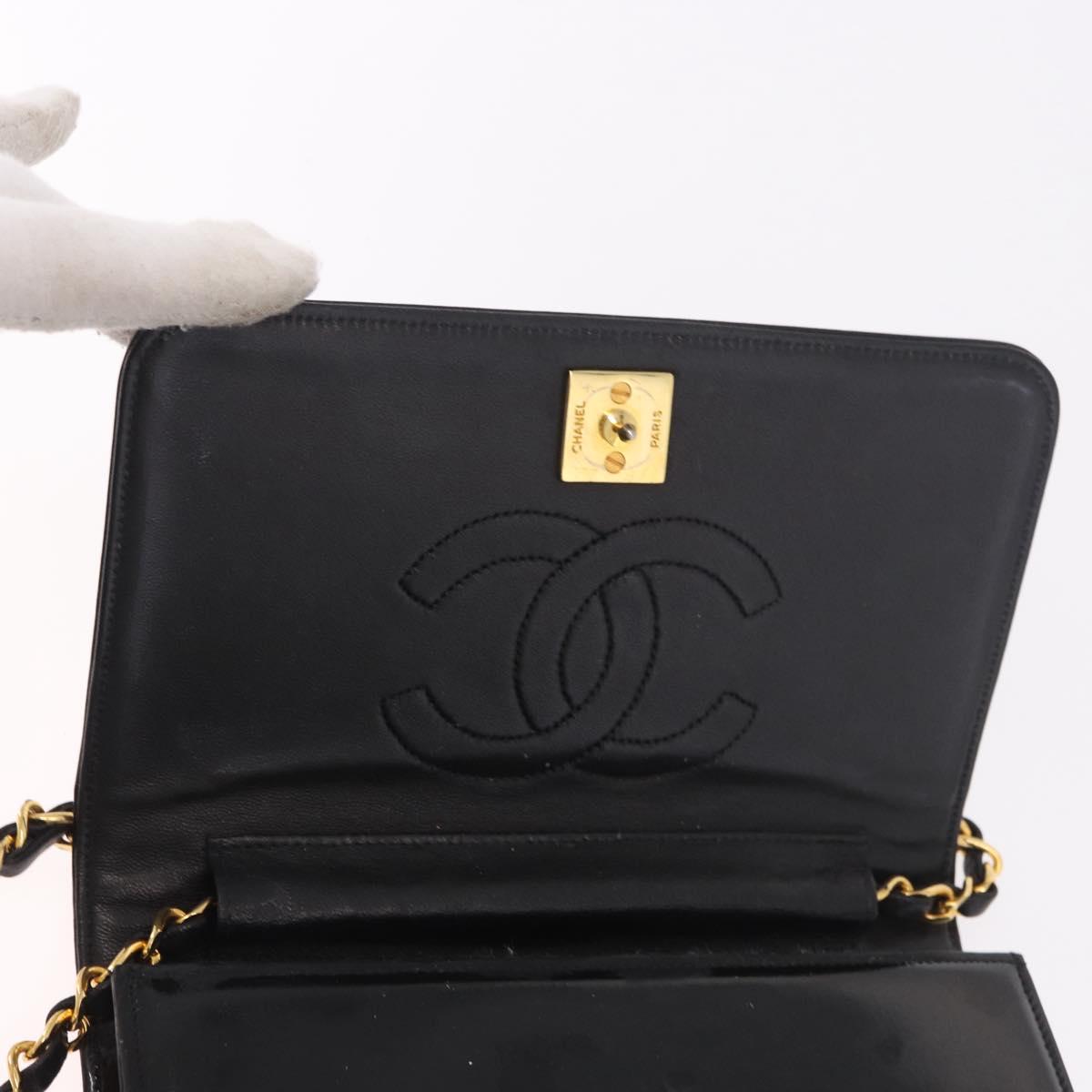 CHANEL Chain Shoulder Bag Patent Black Gold CC Auth bs35869