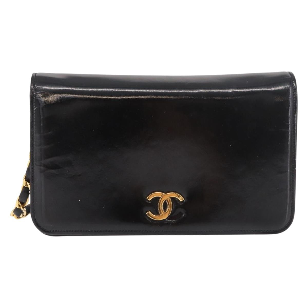 CHANEL Chain Shoulder Bag Patent Black Gold CC Auth bs35869