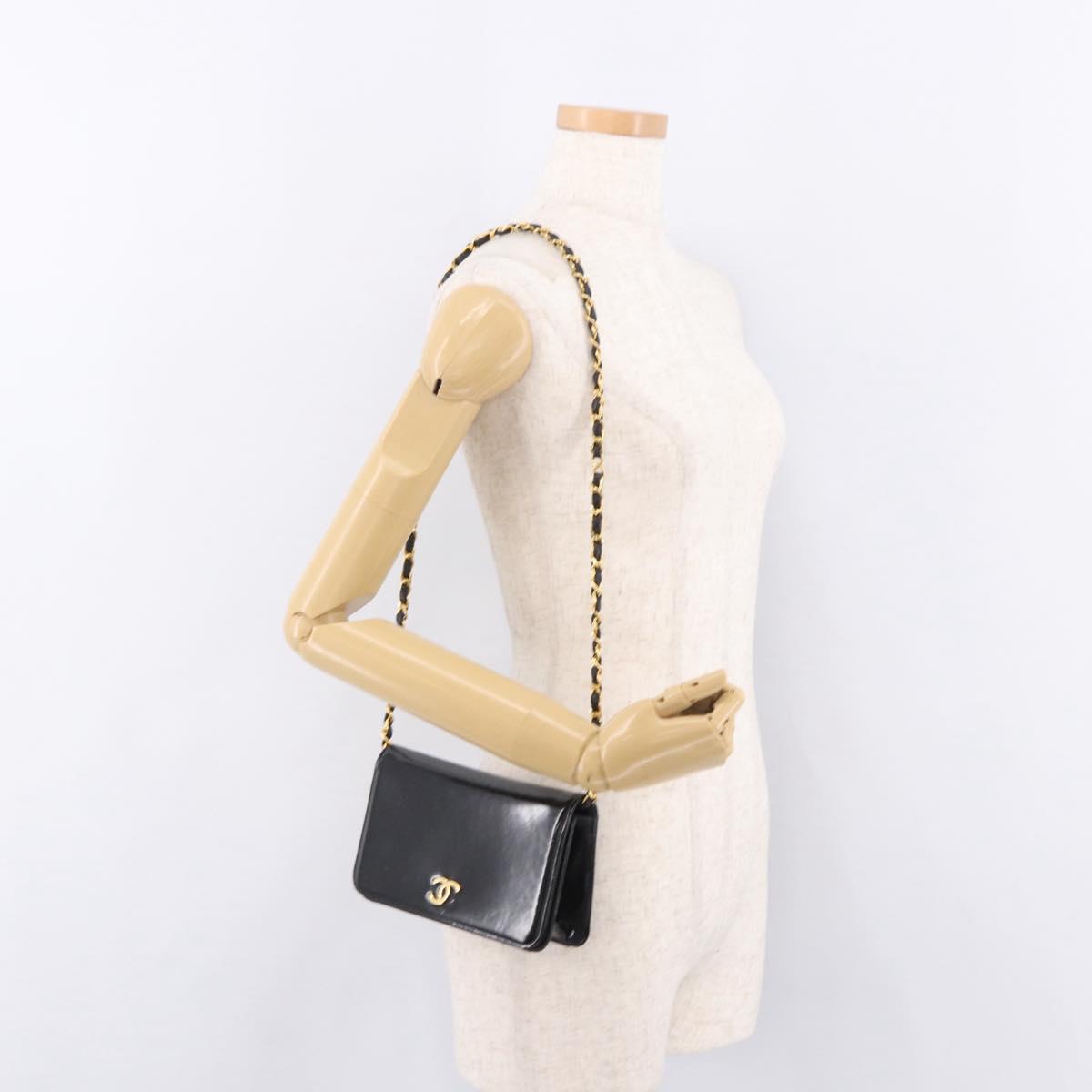 CHANEL Chain Shoulder Bag Patent Black Gold CC Auth bs35869