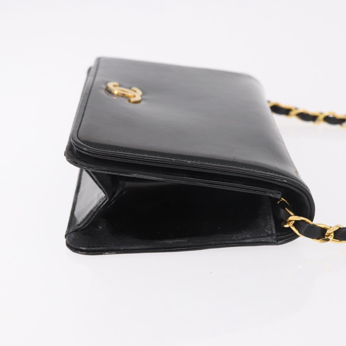 CHANEL Chain Shoulder Bag Patent Black Gold CC Auth bs35869