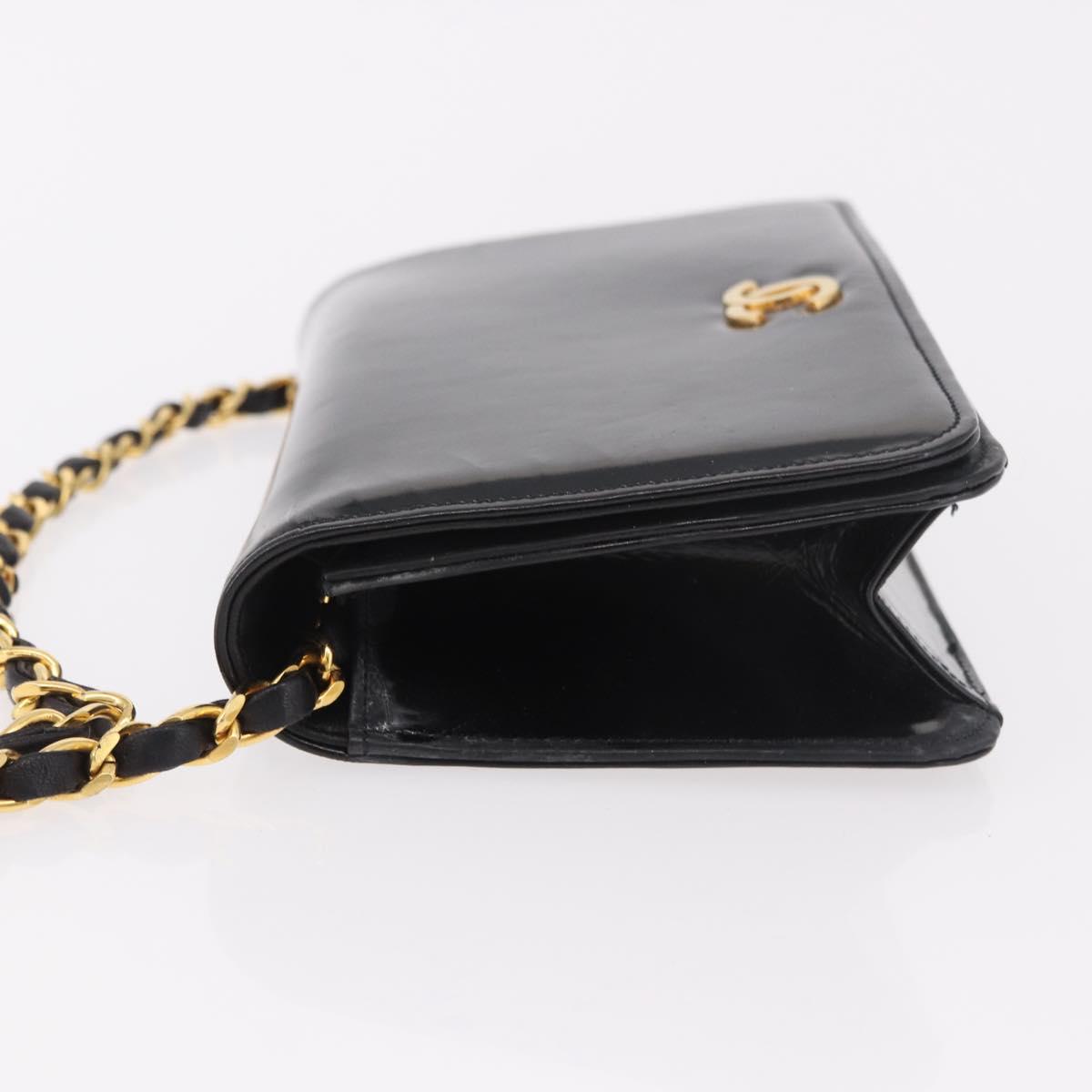 CHANEL Chain Shoulder Bag Patent Black Gold CC Auth bs35869