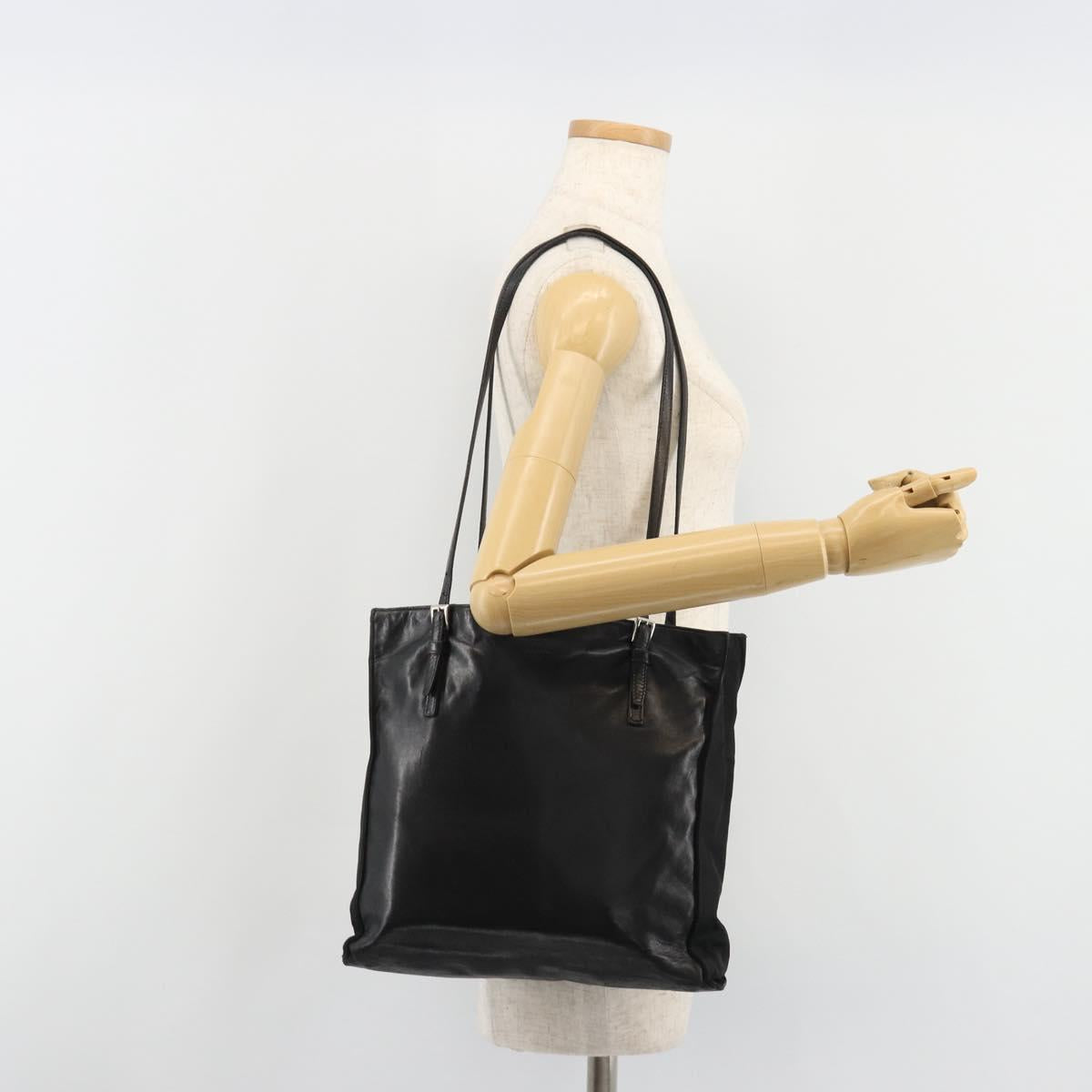 PRADA Tote Bag Leather Black Silver Auth bs35877