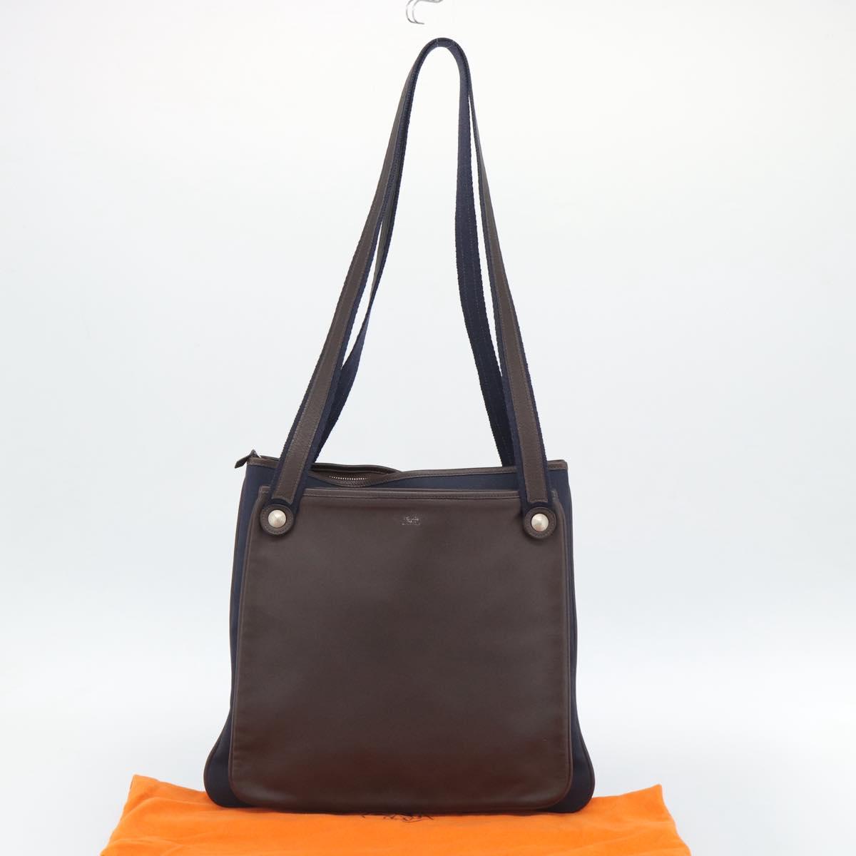 HERMES Mrs. Hippies Shoulder Bag Leather Navy Dark Brown Auth bs35909V