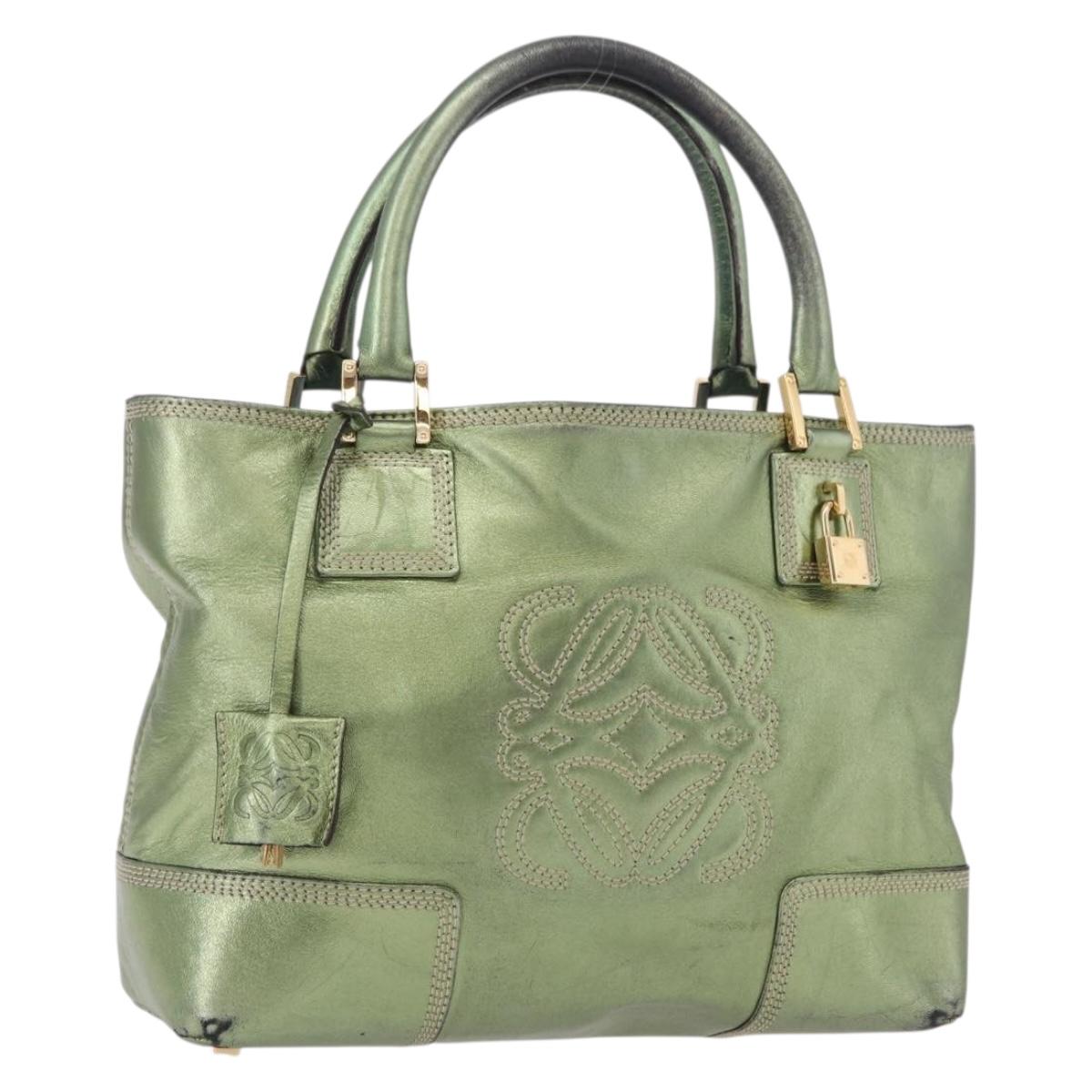 LOEWE Anagram Hand Bag Leather Green Gold Auth bs35915