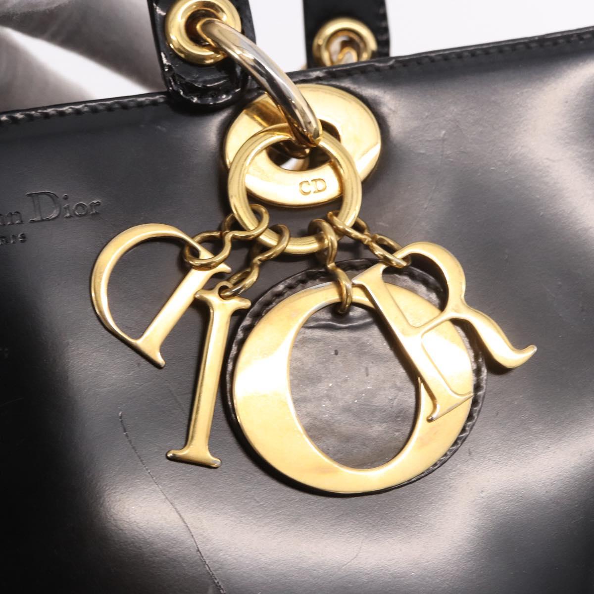 Christian Dior Hand Bag Patent Black Gold Auth bs35940