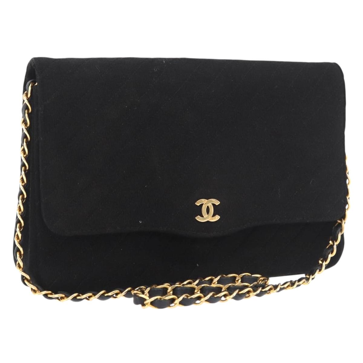 CHANEL Chain Shoulder Bag Cotton Black Gold CC Auth bs35945