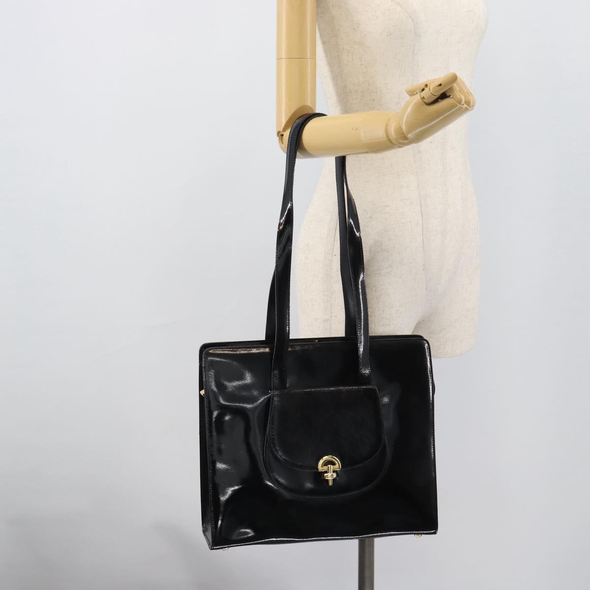 CELINE Tote Bag Patent Black Gold Auth bs35949
