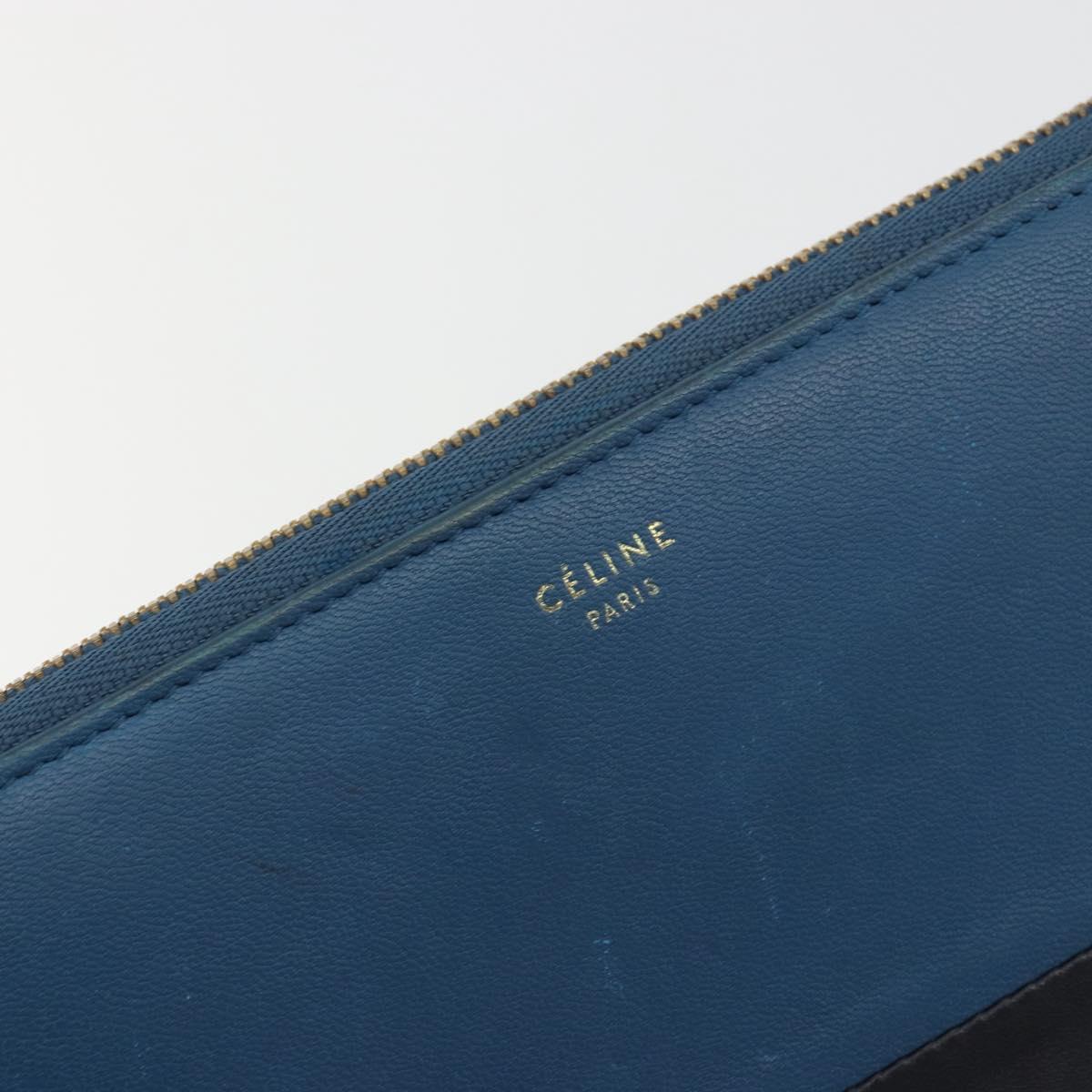 CELINE Long Wallet Leather Blue Black gold Auth bs35975