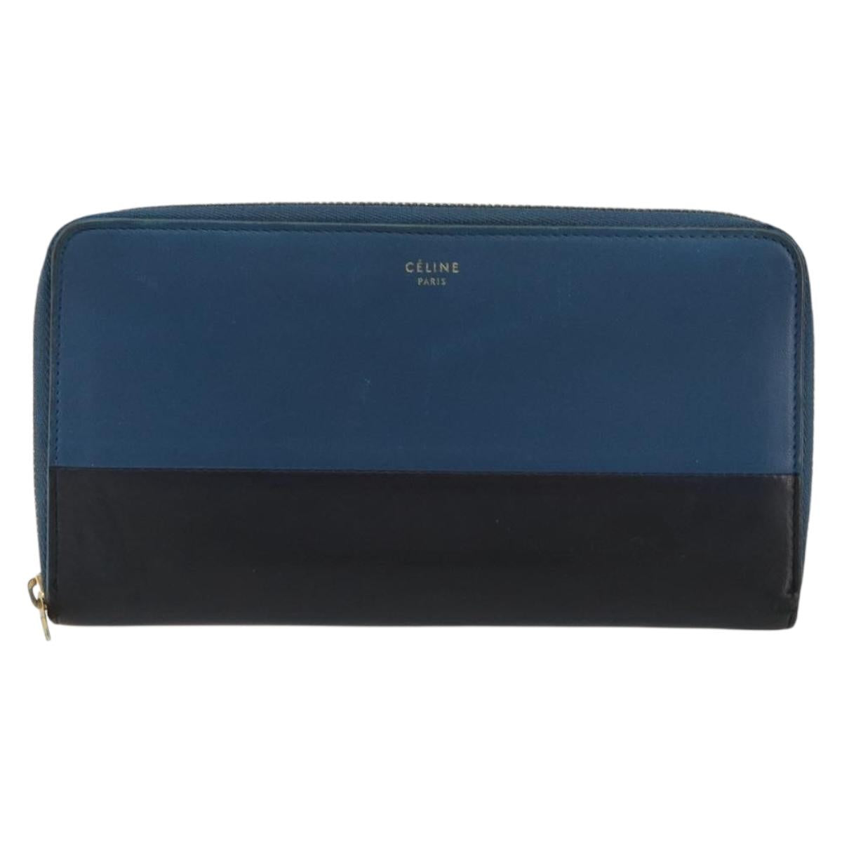 CELINE Long Wallet Leather Blue Black gold Auth bs35975