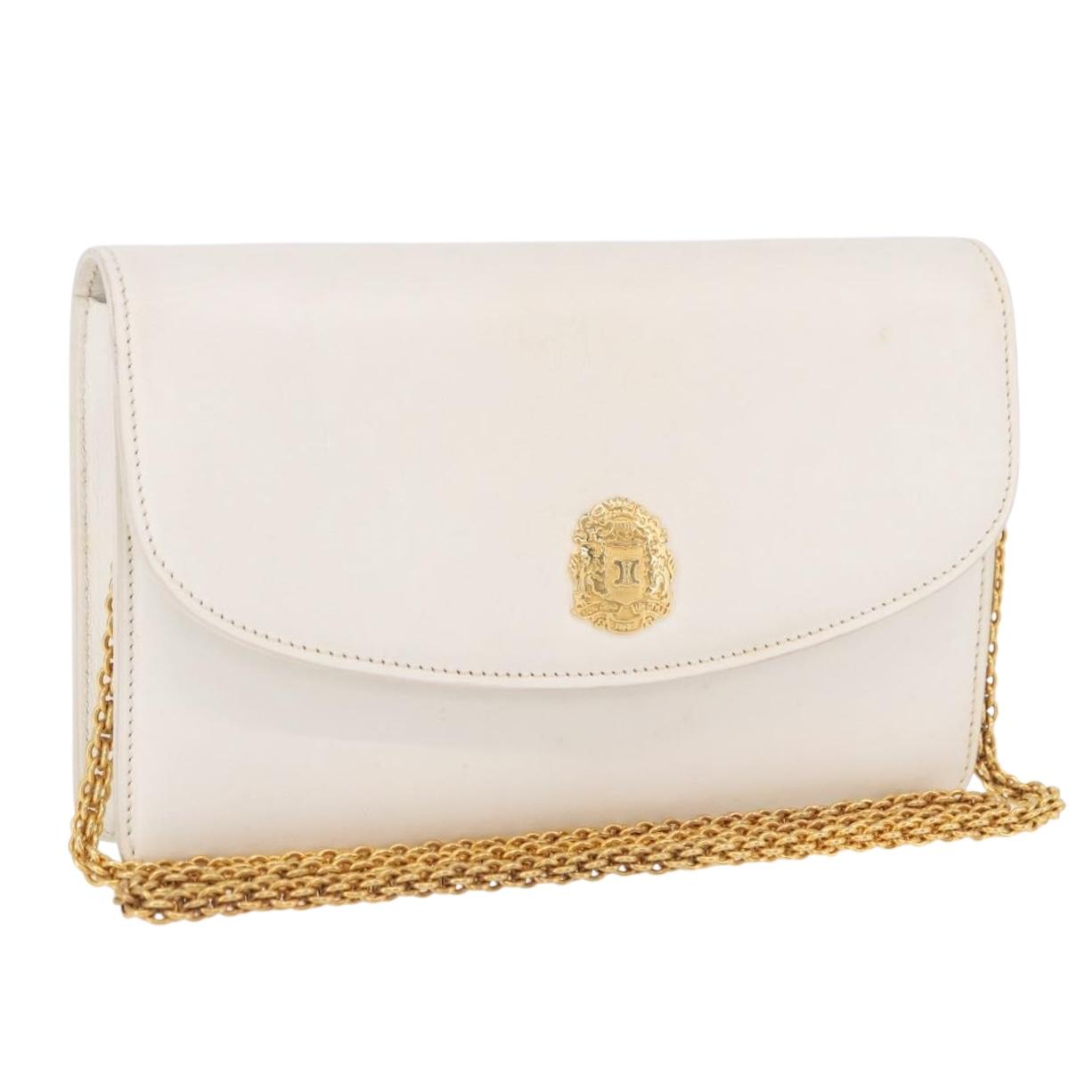 CELINE Chain Shoulder Bag Leather White Gold Auth bs35977