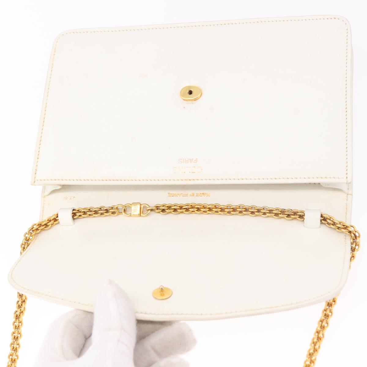 CELINE Chain Shoulder Bag Leather White Gold Auth bs35977