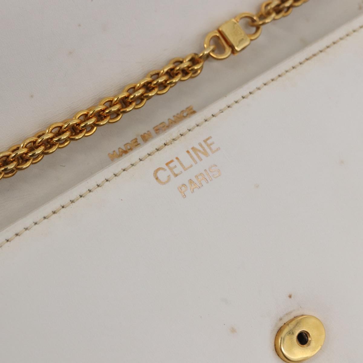 CELINE Chain Shoulder Bag Leather White Gold Auth bs35977