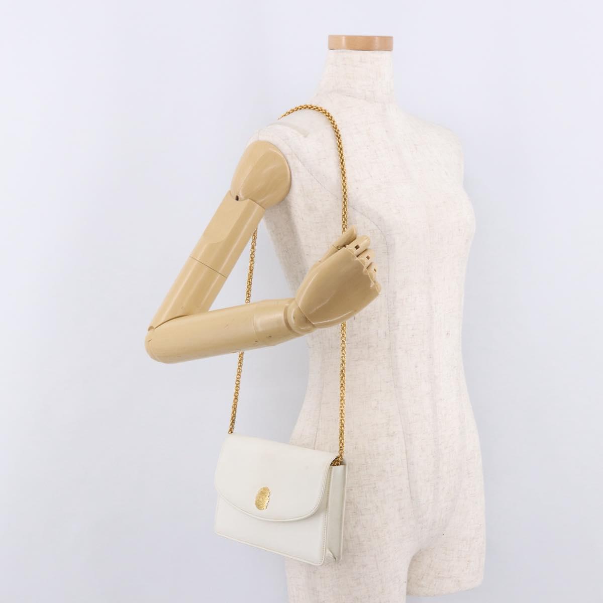 CELINE Chain Shoulder Bag Leather White Gold Auth bs35977