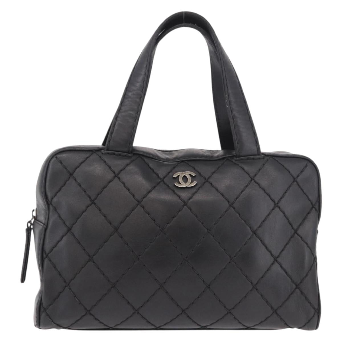 CHANEL Wild Stitch Hand Bag Leather Black CC Auth bs35985