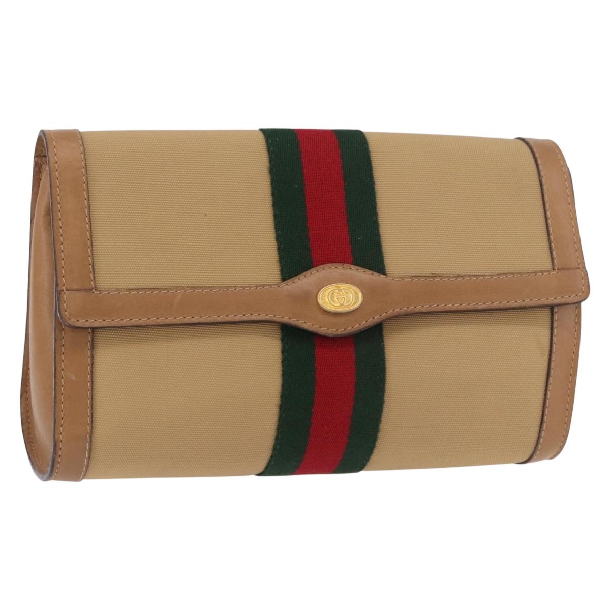 GUCCI Web Sherry Line Clutch Bag Canvas Beige Gold 010 378 Auth bs35987