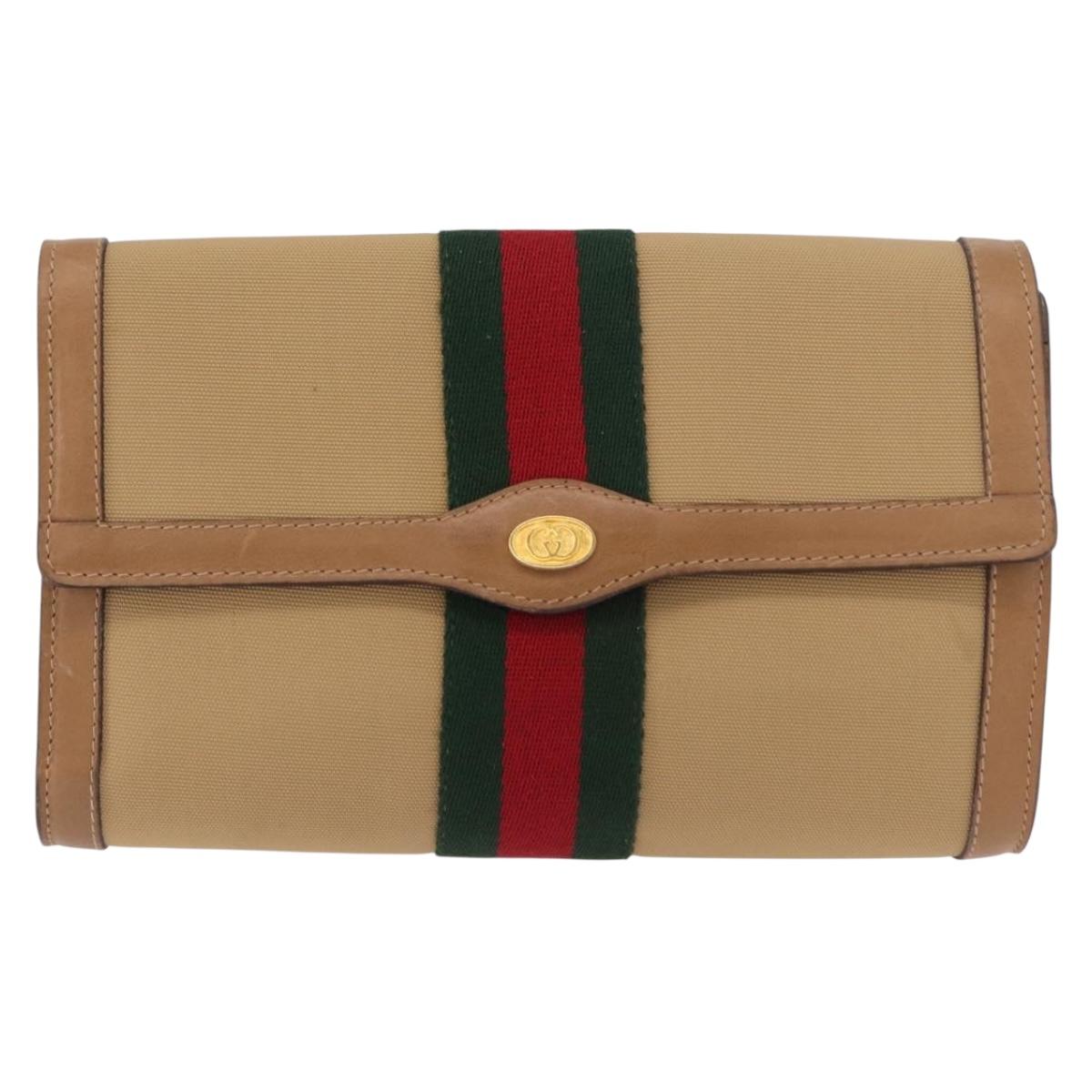 GUCCI Web Sherry Line Clutch Bag Canvas Beige Gold 010 378 Auth bs35987