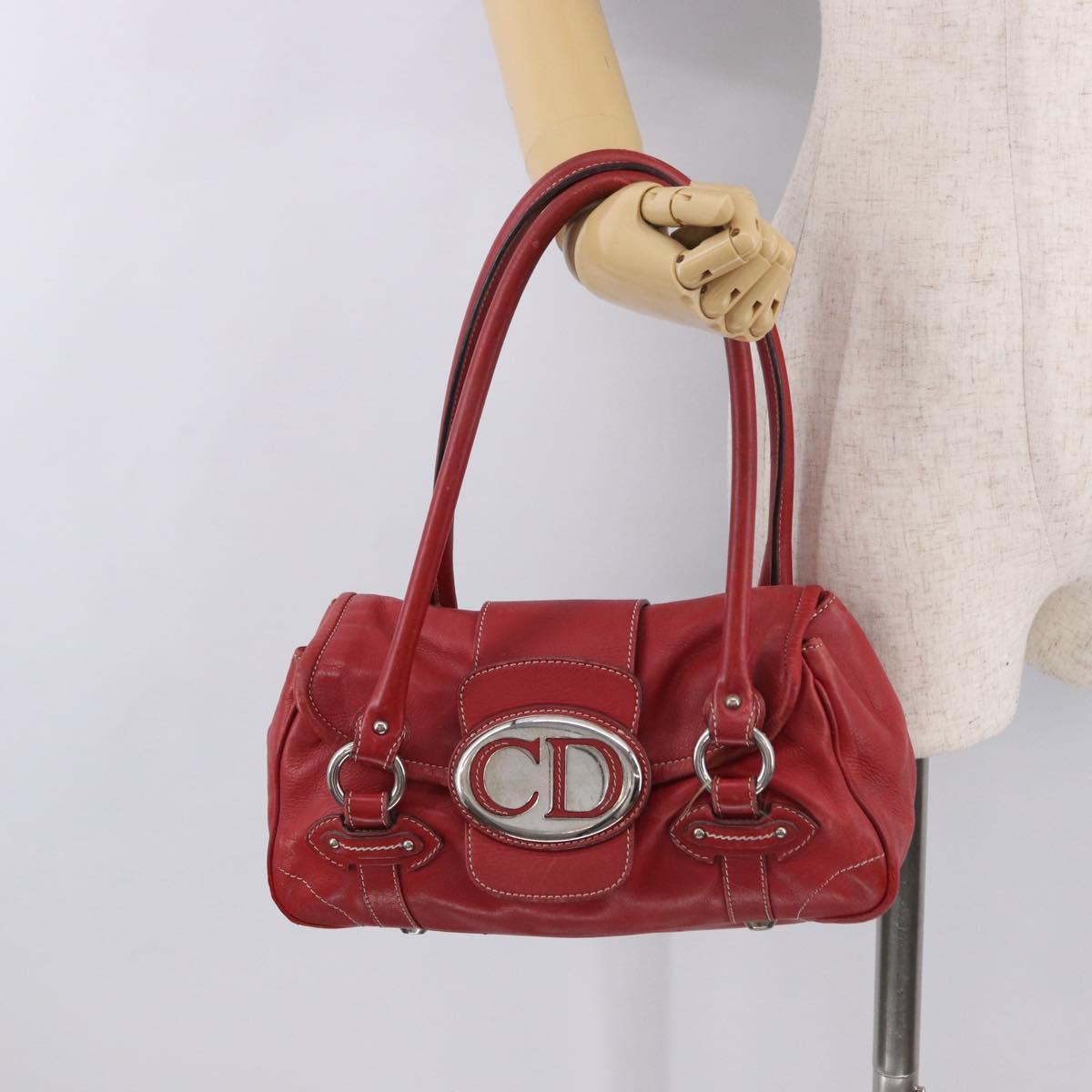 Christian Dior Hand Bag Leather Red Silver Auth bs35993