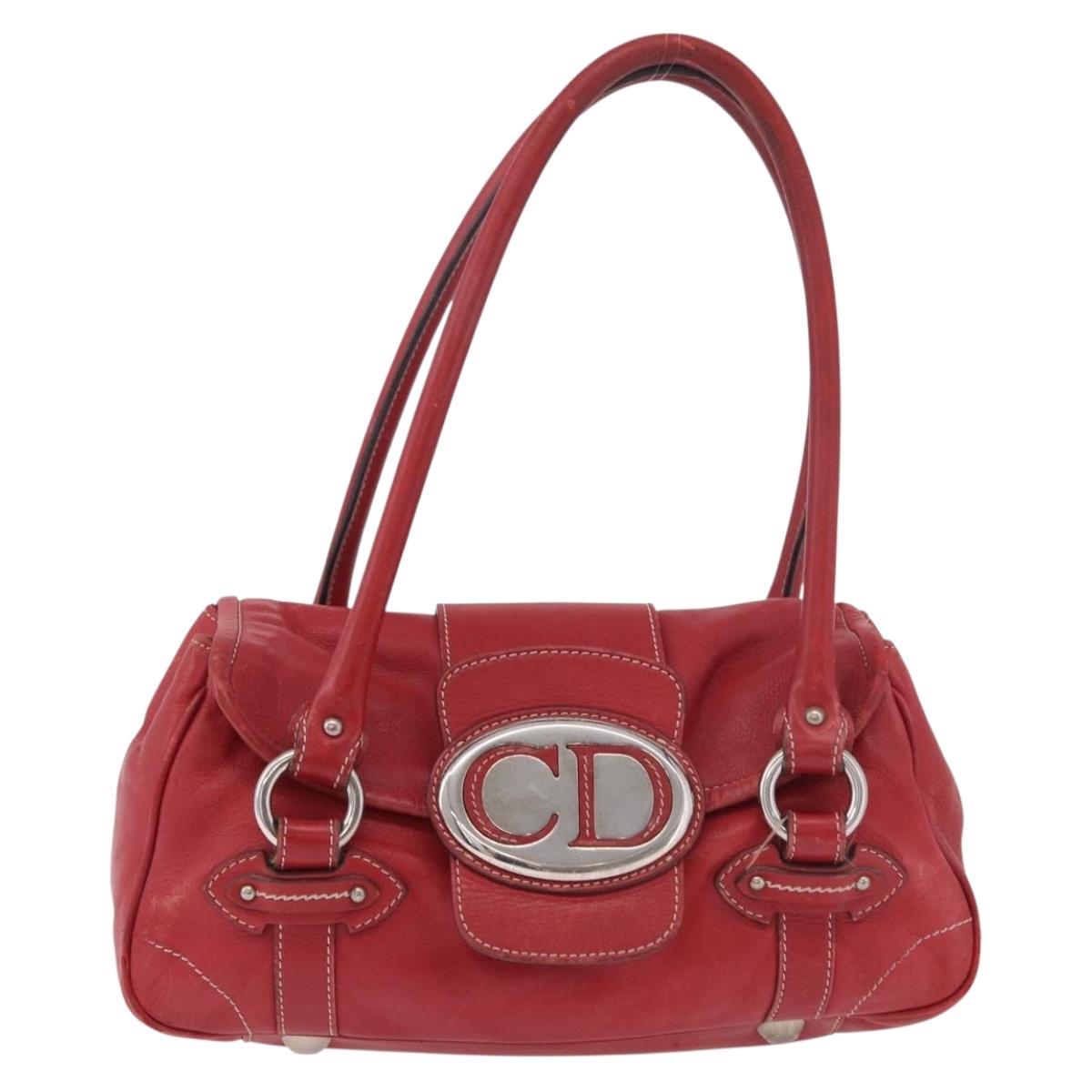 Christian Dior Hand Bag Leather Red Silver Auth bs35993